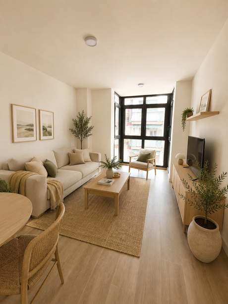 Salón-comedor de la vivienda 2ºD, de tres dormitorios, con ventanal de suelo a techo.