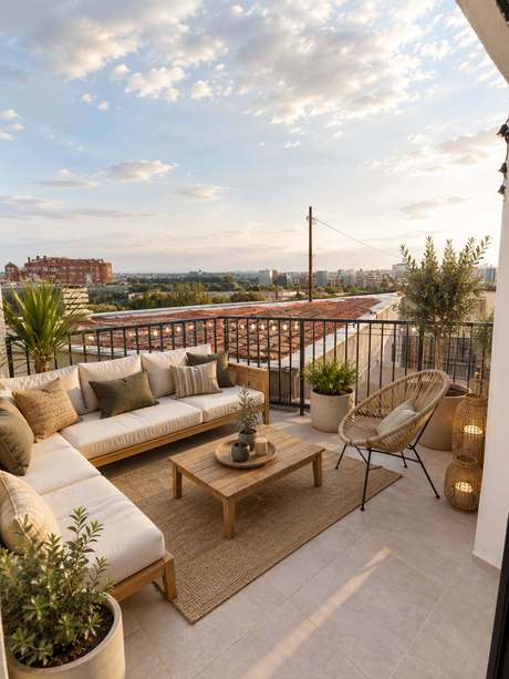 Terraza del ático 5ºA de Residencial Pintor Sorolla 1 al atardecer, con vistas abiertas sobre los tejados de Puente de Vallecas.